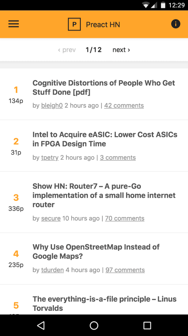 Preact Hacker News HN PWA running on a mobile phone